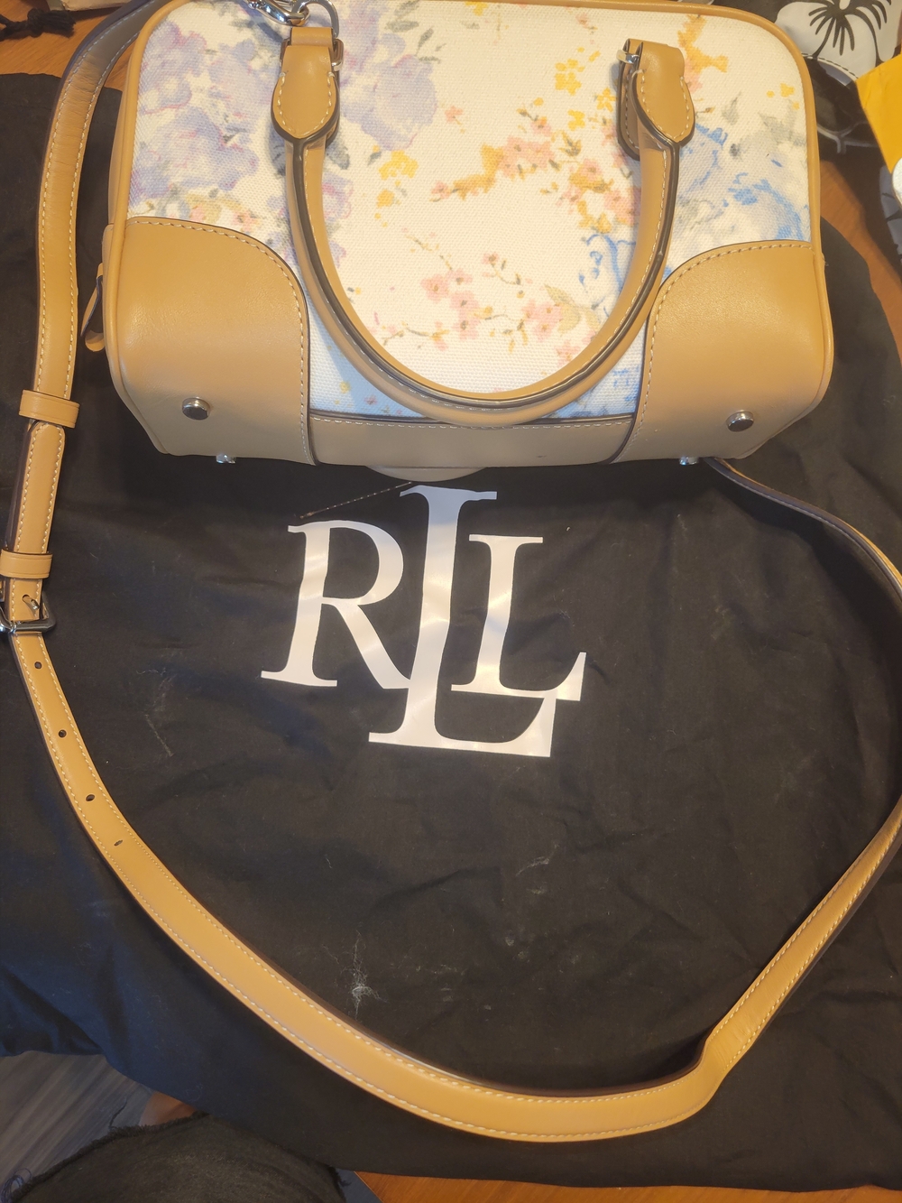 LRL Floral Canvas and Tan Leather Satchel